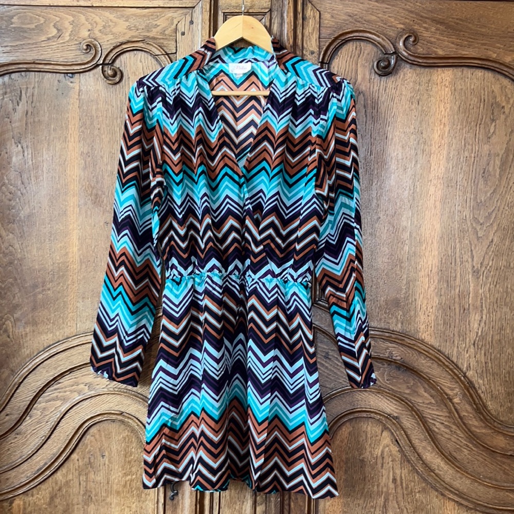 Parker Faux Wrap Zigzag Print Blouson Silk Mini Dress